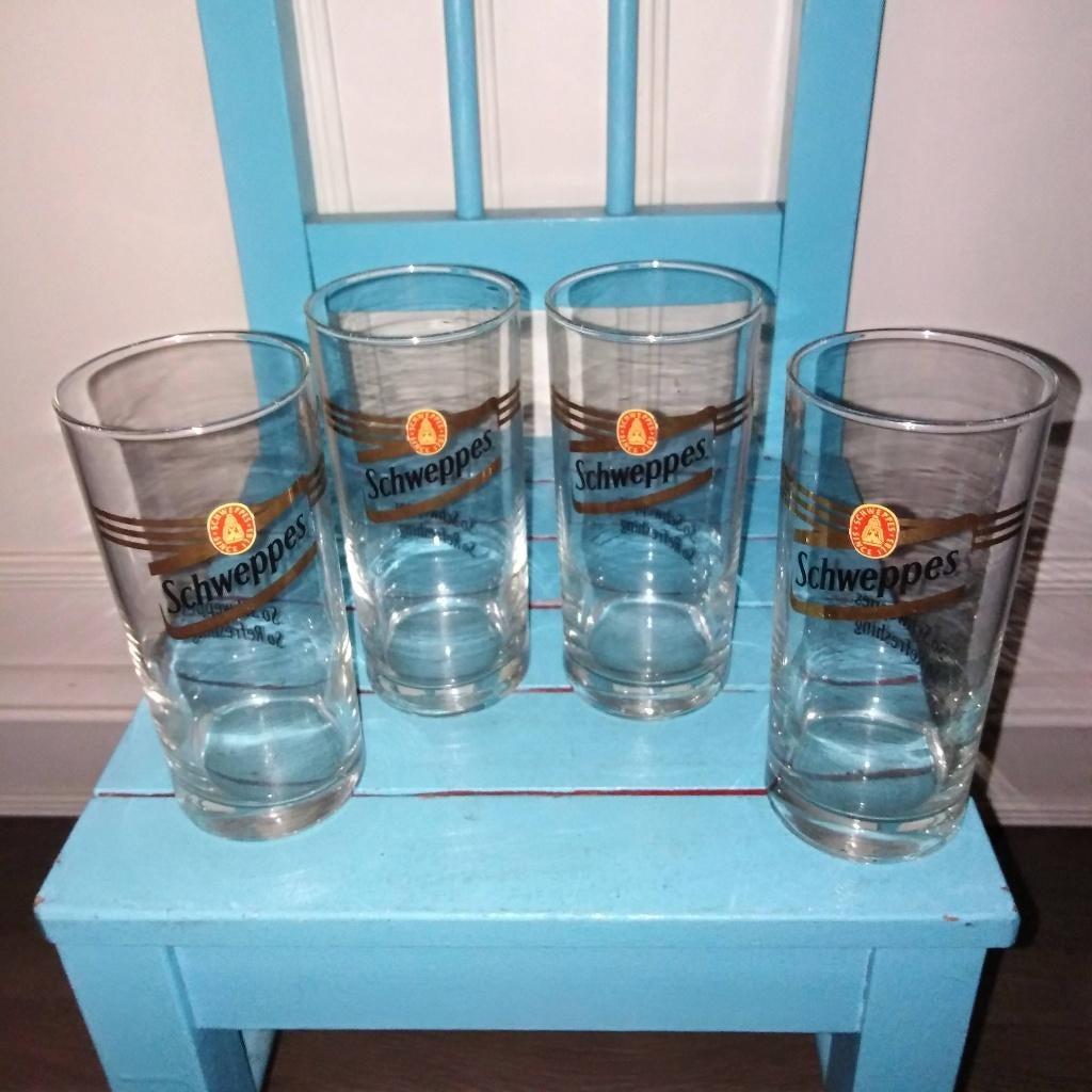 Schweppes glazen 4 stuks, Ophalen, Glas of Glazen, Gebruikt, Glas