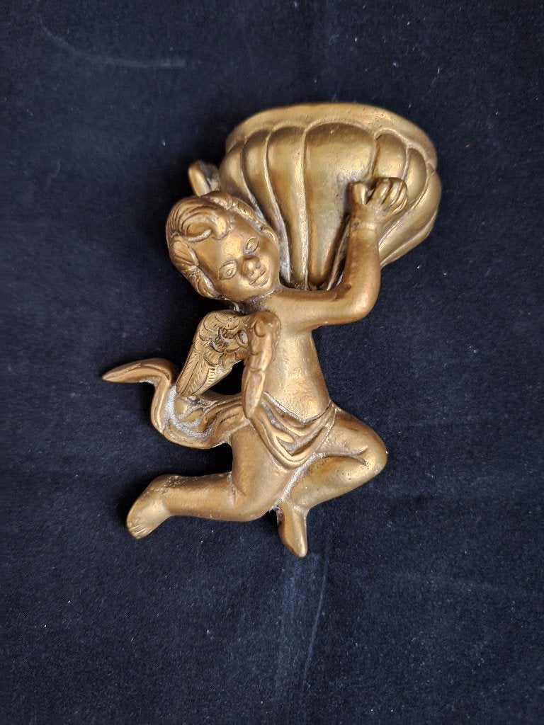Vintage Koperen Engel Cherub Beeldje Met Schelp Charmante, Ophalen, Koper
