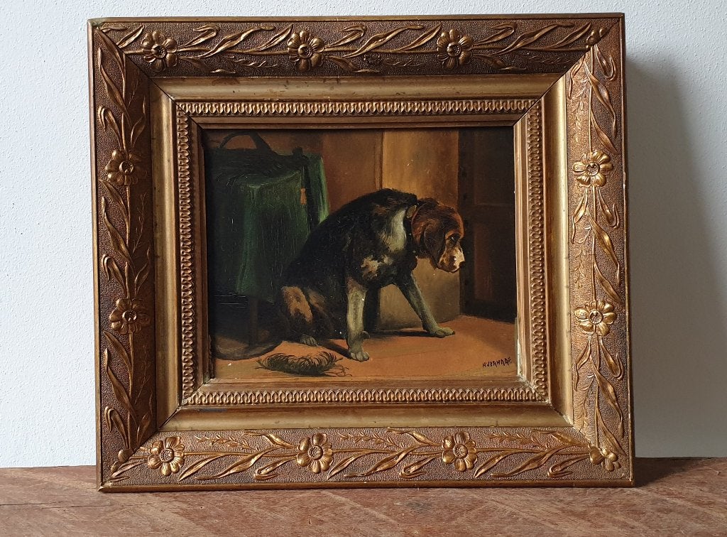 Olieverfschilderij treurende hond van H. Verhaaf; ca. 1910, Ophalen, Gesigneerd