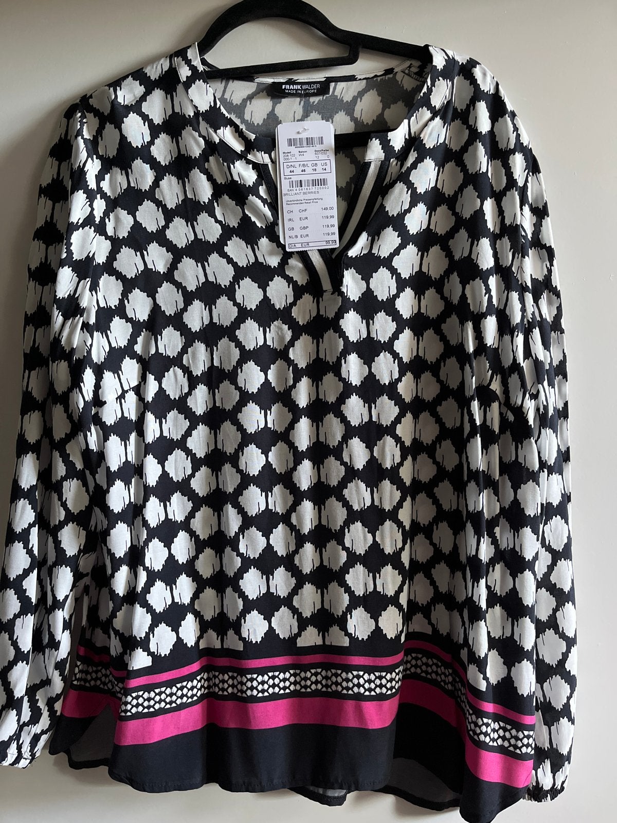 Nieuwe Frank Walder Blouse Zwart/Wit/Roze Maat 44, Kleding | Dames, Ophalen of Verzenden, Nieuw, Maat 42/44 (L), Zwart