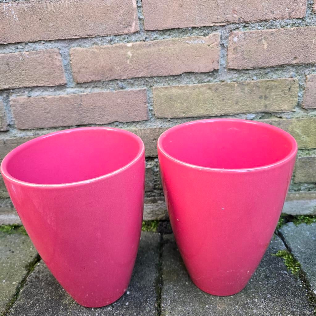 Set van 2 roze bloempotten, Kunststof, Gebruikt, Rond, Ophalen of Verzenden