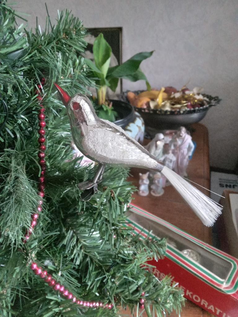 oude glazen kerstbal model zilveren vogel, Ophalen of Verzenden, Gebruikt