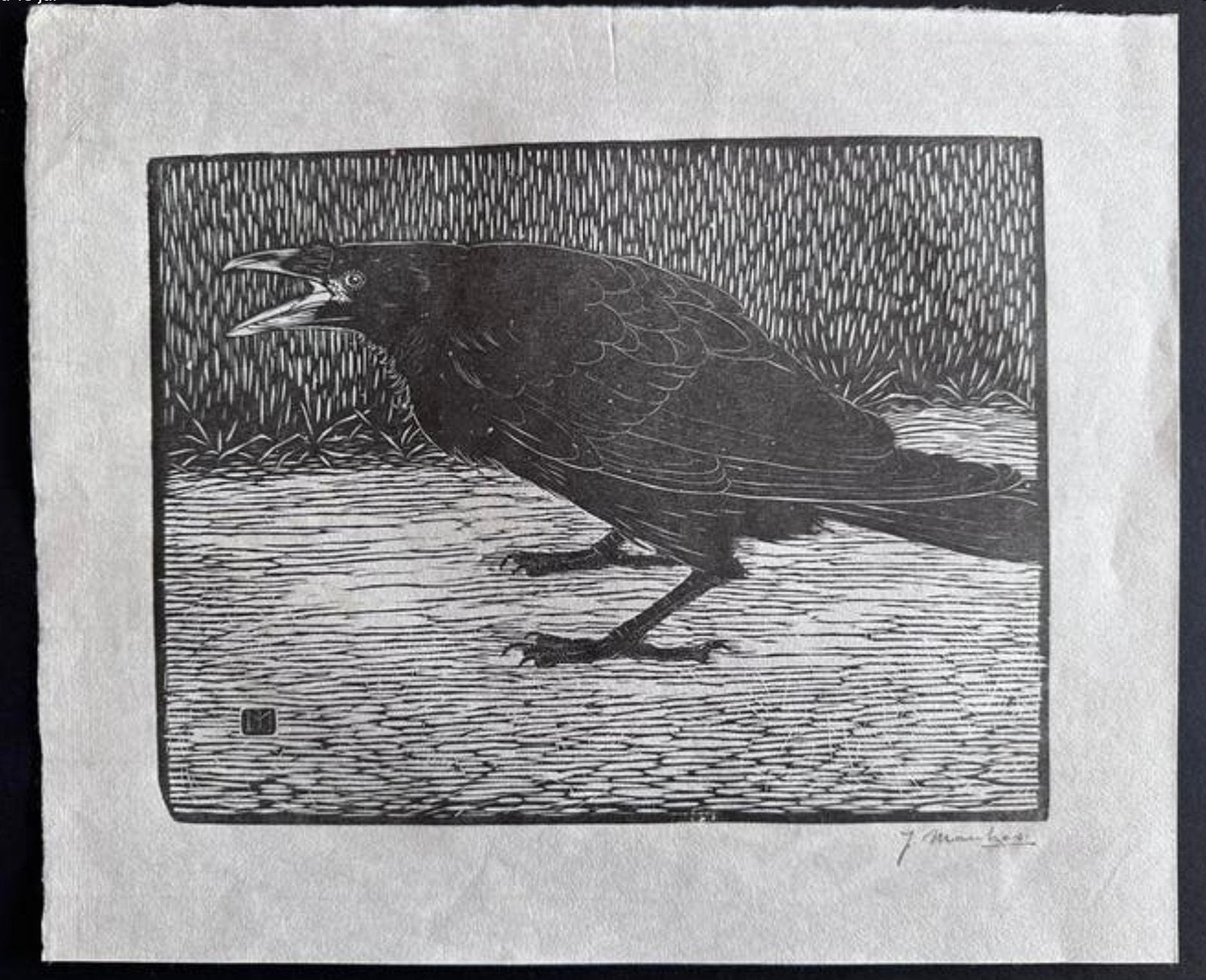 Jan Mankes 1889-1920 / Houtsnede Schreeuwende Kraai 1918, Antiek en Kunst, 25 cm, Verzenden, Houtsnede, Origineel