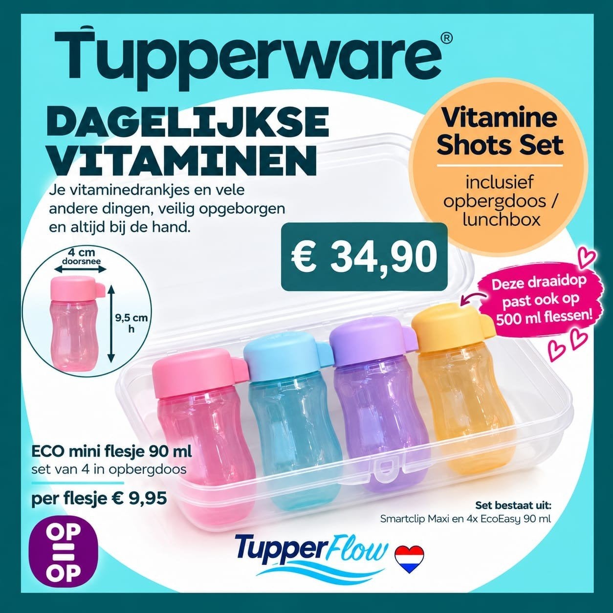 TUPPERWARE Eco flesje 90 ml (4) met lunchbox, Ophalen of Verzenden, Nieuw, Overige typen