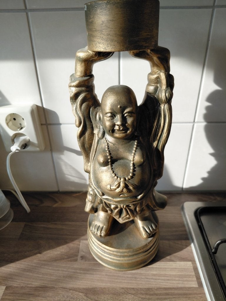 Mooie staande boeddha met waxinehouder, Ophalen, Zo goed als nieuw, Steen/keramiek, Goud