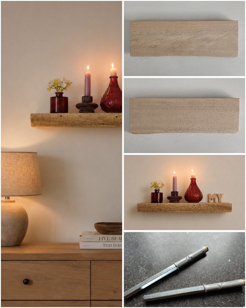 Wandplank zwevend massief eikenhout + mont.pennen 47cm #280, Houtatelier M.Y., Info@myhoutatelier.nl, Nieuw, Ophalen of Verzenden
