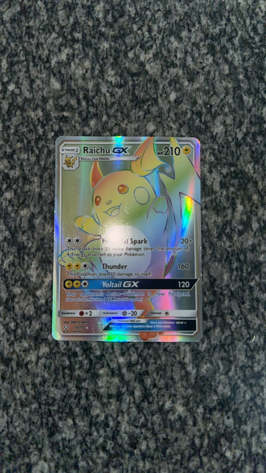 Raichu GX Rainbow Rare Pokémonkaart (75/73), Ophalen of Verzenden, Zo goed als nieuw, Losse kaart, Foil