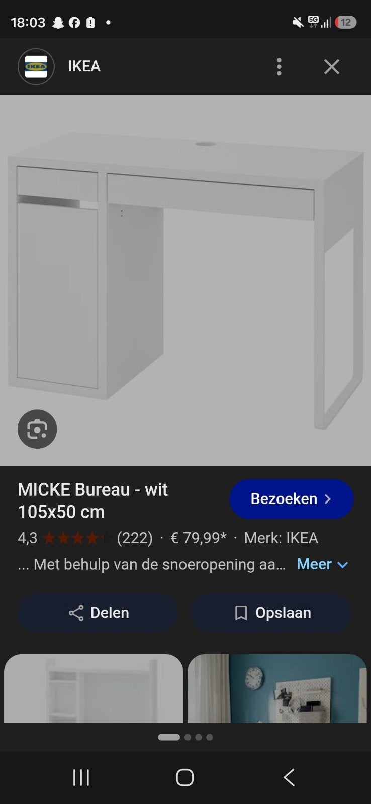 IKEA MICKE Bureau - wit 105x50 cm, Huis en Inrichting, Ophalen, Met lades, Spaanplaat of MDF, Zo goed als nieuw