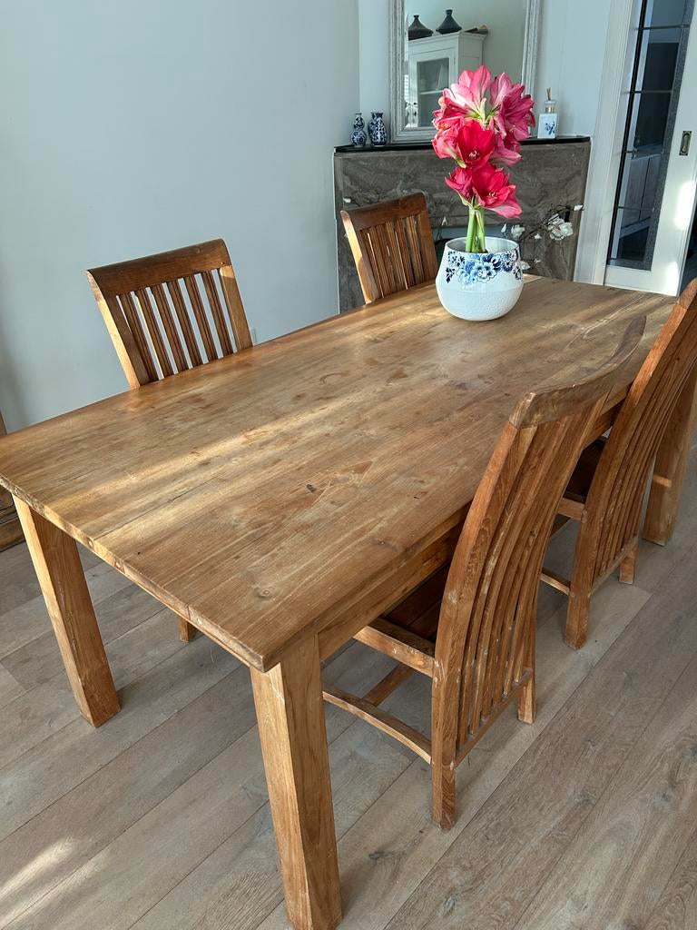 Eettafel met 4 stoelen, massief teak, Teakhout, 200 cm of meer, Vier personen, Rechthoekig