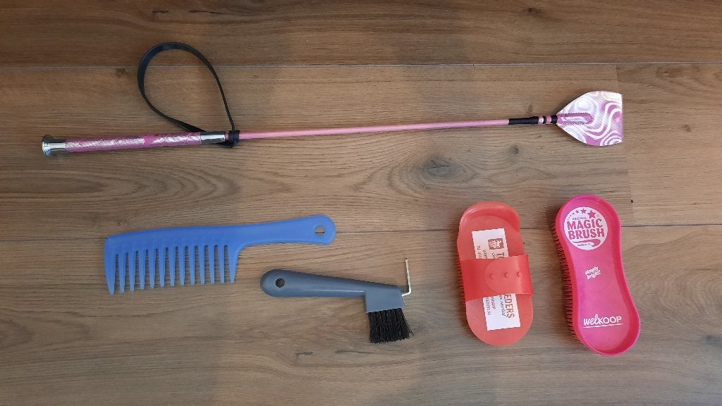 paardrij accessoires roze zweepje + borstels, Ophalen, Nieuw