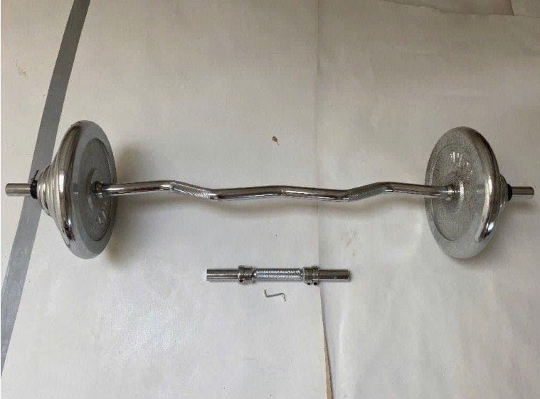 Verstelbare barbell +/- 60 kg, Ophalen, Zo goed als nieuw, Benen, Halterset