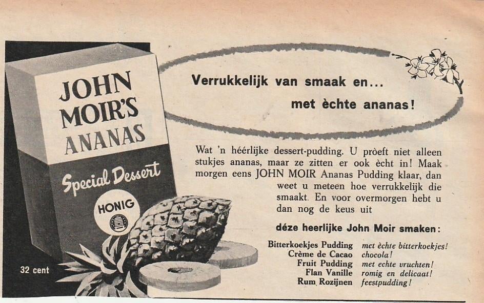 retro reclame 1959 John Moir zuivel ananas dessert, Verzenden, Overige typen
