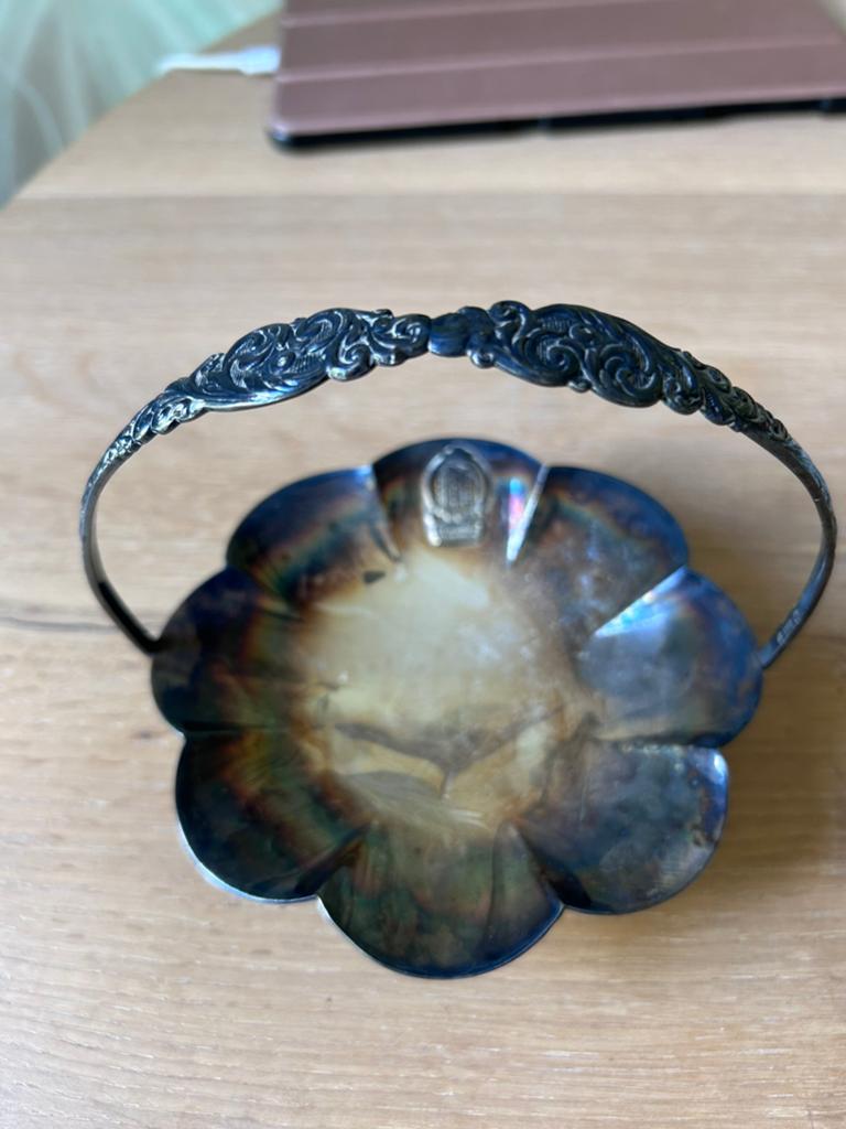 Antieke Verzilverde Schaal met Handvat (L Sola 100), Antiek en Kunst, Ophalen of Verzenden, Zilver