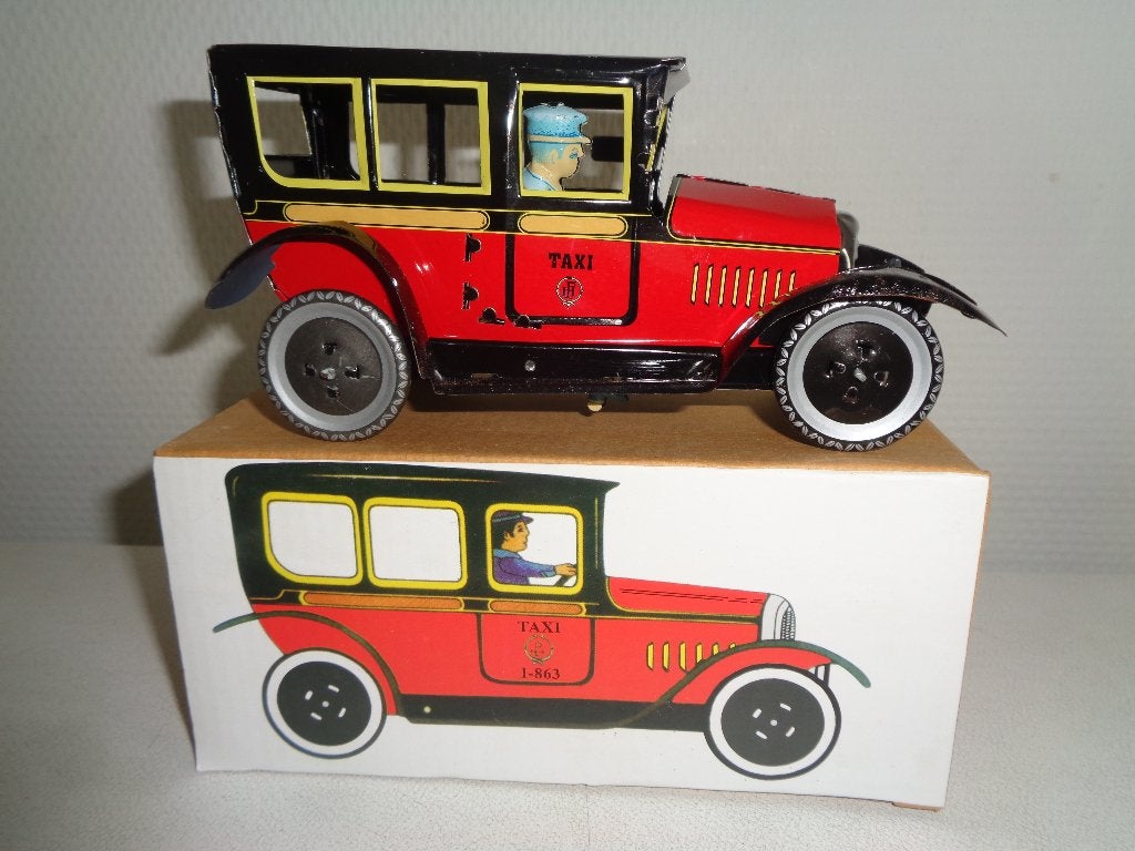 Vintage blikken speelgoedauto - Taxi met chauffeur, Antiek en Kunst, Ophalen of Verzenden
