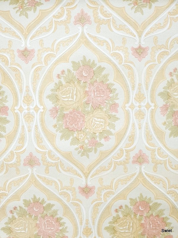 13356 Vintage bloemen behang met pastel medaillons swiet, Ophalen of Verzenden, Wit