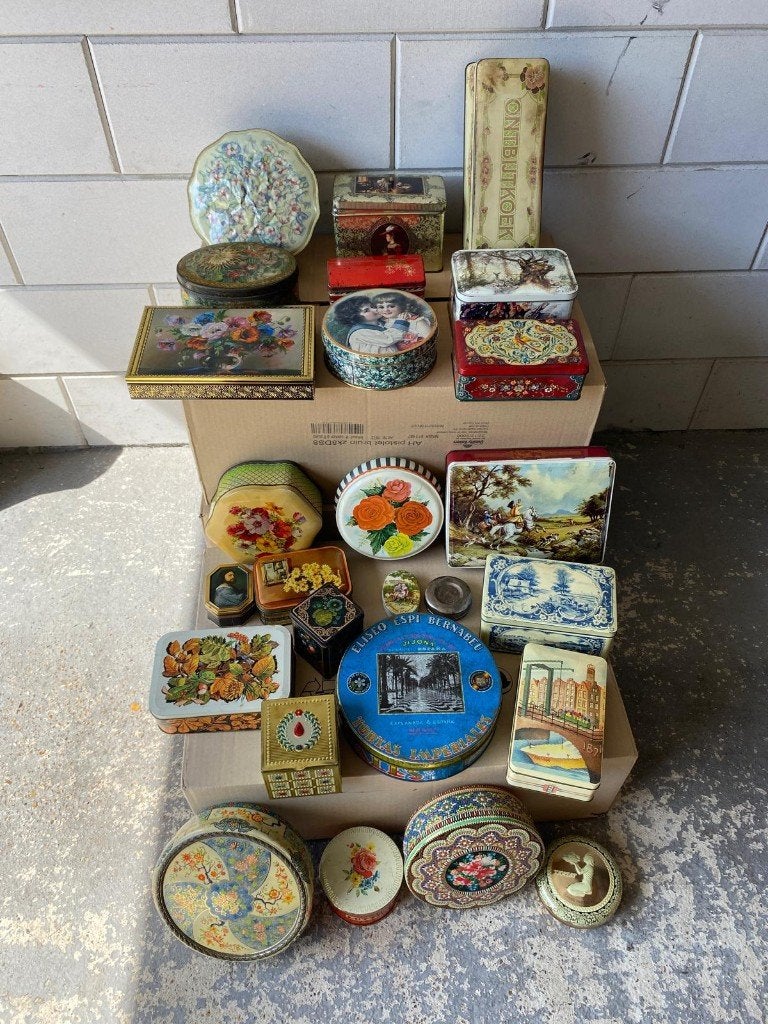 Grote collectie vintage blikken en trommels, Ophalen, Gebruikt, Overige, Overige merken