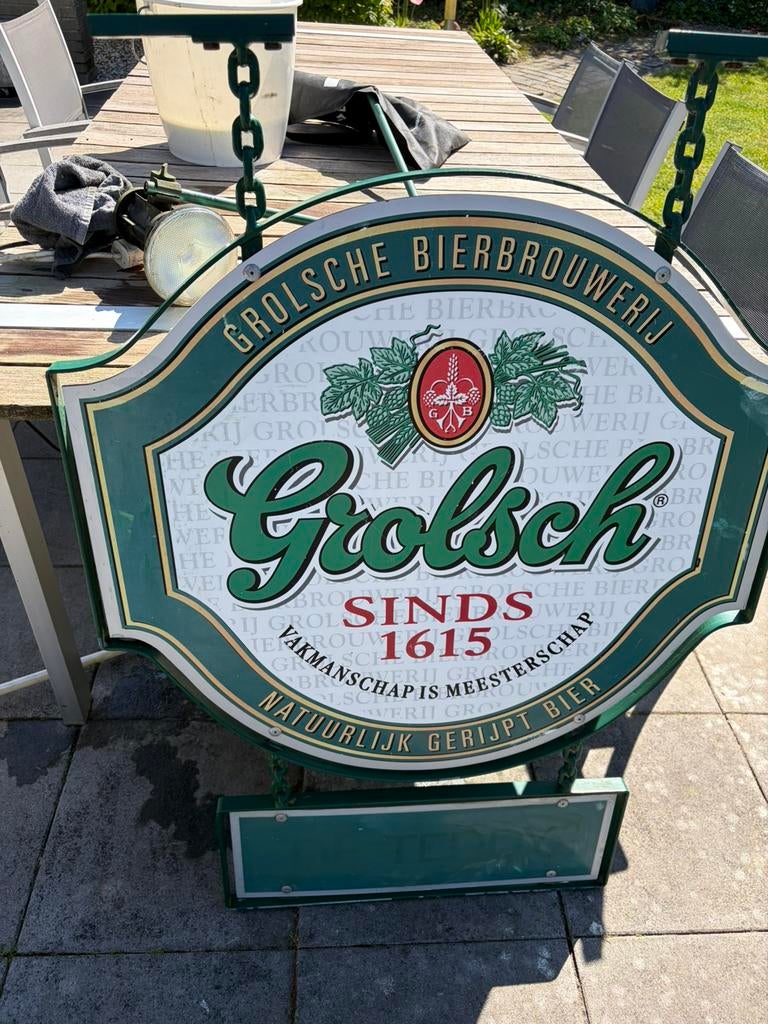 Originele cafe uitgangbord met verlichting van Grolsch, Ophalen, Gebruikt, Reclamebord, Plaat of Schild, Grolsch