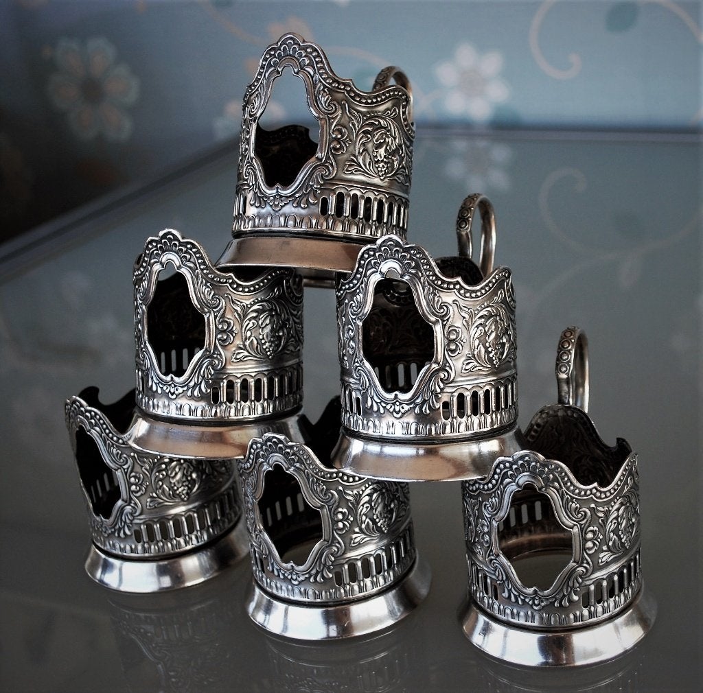Sovjet Theeglas houder Podstakannik Compleet set van 6, Antiek en Kunst, Ophalen of Verzenden