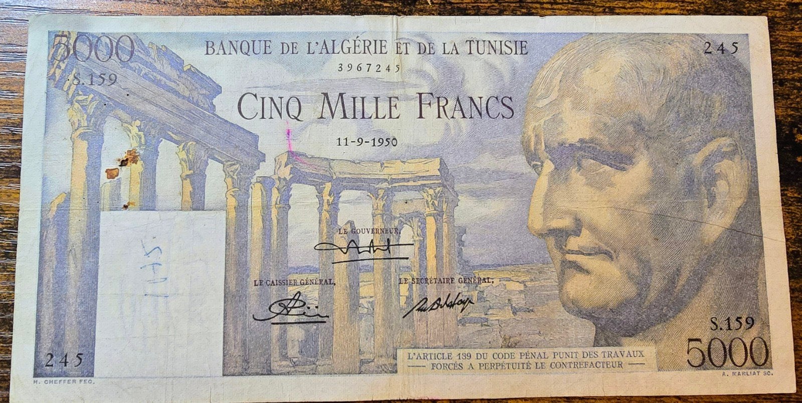 Zeldzaam Algerije Tunesië 5000 Francs bankbiljet 1950, Ophalen of Verzenden