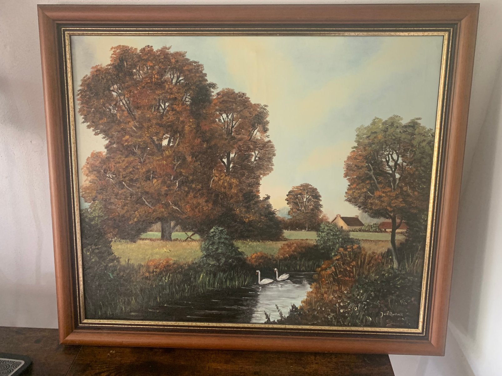landschap op linnen, Handgeschilderd, Olieverf, Textiel, Landschap