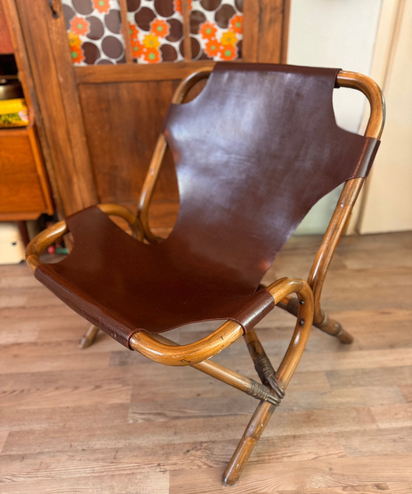 Vintage jaren '60 - '70 bamboe en leren sling lounge stoel, Ophalen