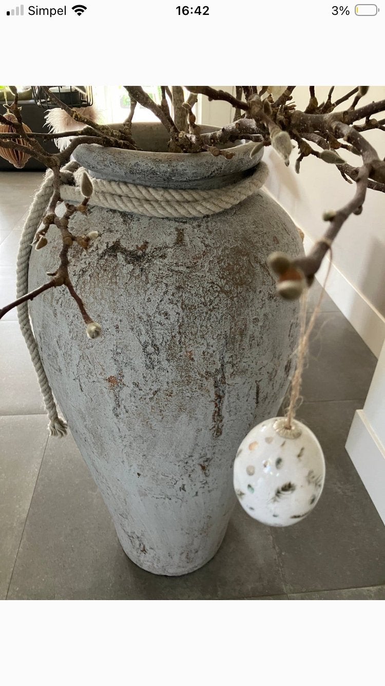 Grote landelijke pot met touw, 90 cm hoog, zo goed als nieuw, Ophalen, Met patroon/structuur, Zo goed als nieuw, Grijs
