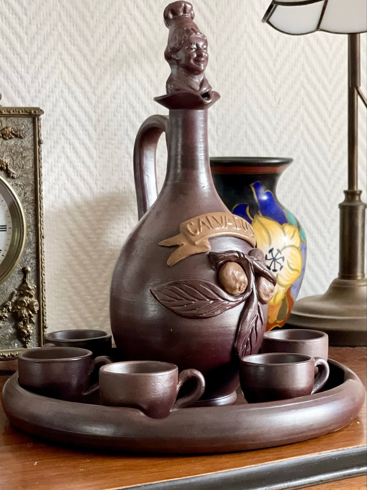 Vintage Calvados Set: Karaf, 6 Kopjes & Dienblad (Normandië), Antiek en Kunst, Ophalen of Verzenden