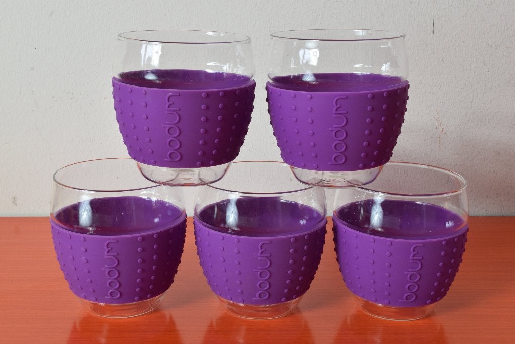 Set van 5 Bodum Pavina glazen met siliconen ring, Glas of Glazen, Overige merken, Ophalen of Verzenden, Modern