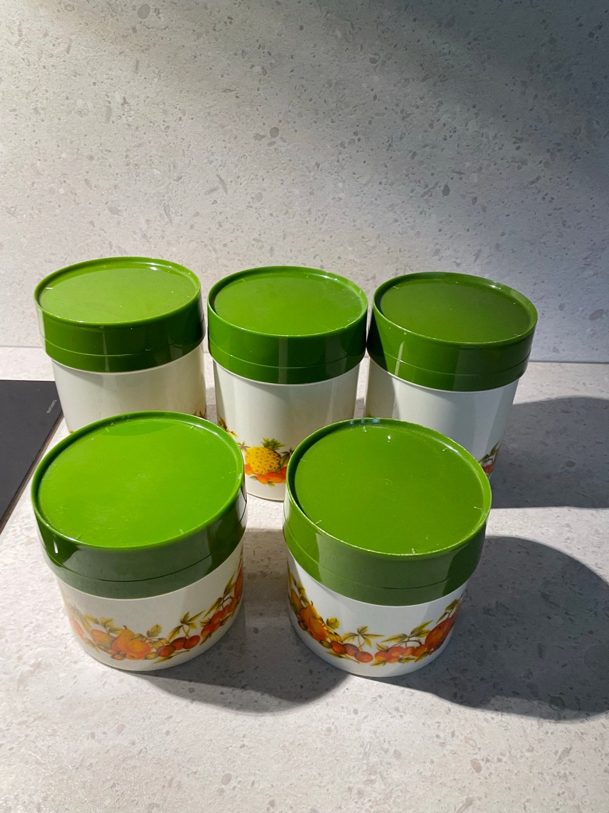 Vintage voorraadpotten set van 5 - fruit decor, Gebruikt, Kunststof, Ophalen of Verzenden, Voorraadpot