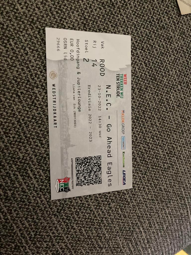TICKET NEC-GO AHEAD EAGLES 22-23, Ophalen of Verzenden, Zo goed als nieuw, Overige binnenlandse clubs, Overige typen