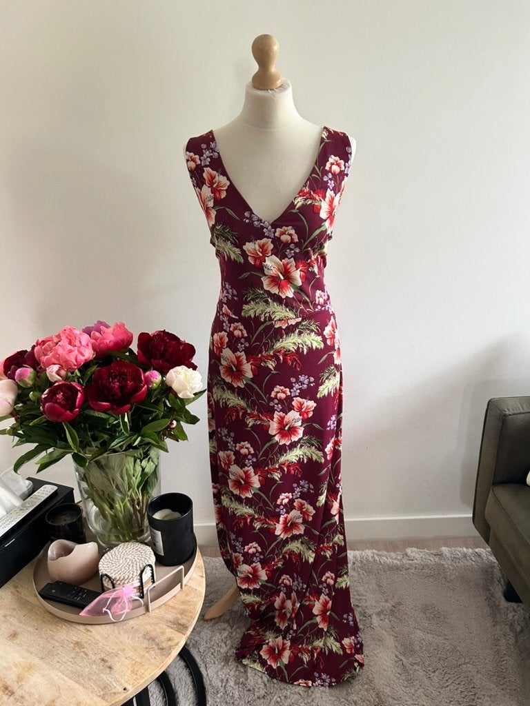 King Louie maat XL wijnrode bloemen maxi jurk 3321