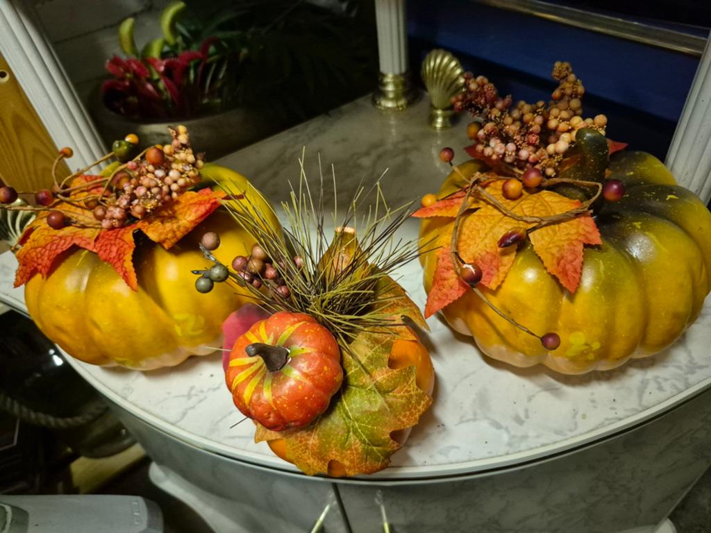 Decoratieve pompoenen - Herfstdecoratie 3x, Gebruikt, Meerkleurig, Kunststof, Ophalen of Verzenden