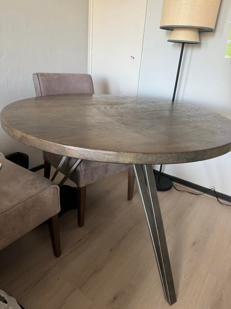 Ronde eettafel met 3 stoelen – houtlook, Ophalen of Verzenden, Gebruikt