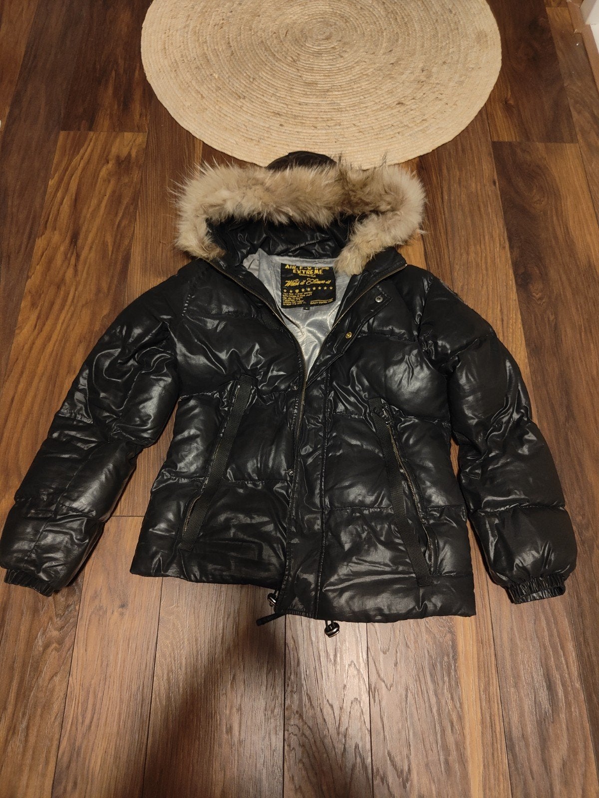 Zwarte glanzende winterjas met bontkraag - Maat M, Zwart, Air.F-X n°66 Extreme, Gedragen, Ophalen