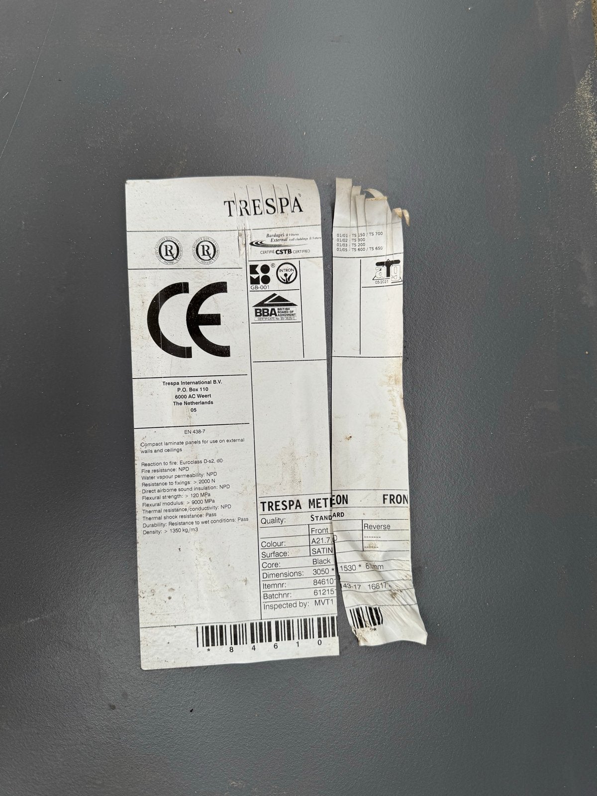Trespa plaat 3050x1530 mm 6 mm dik staalgrijs, Ophalen, Gebruikt, HPL, Minder dan 20 mm
