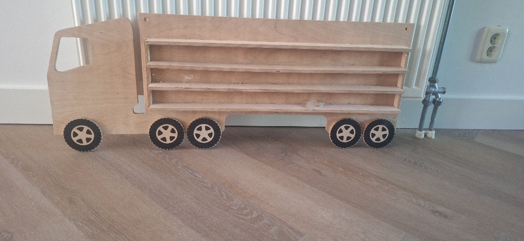 Houten opbergrek vrachtwagen voor speelgoedautootjes, Ophalen, Zo goed als nieuw