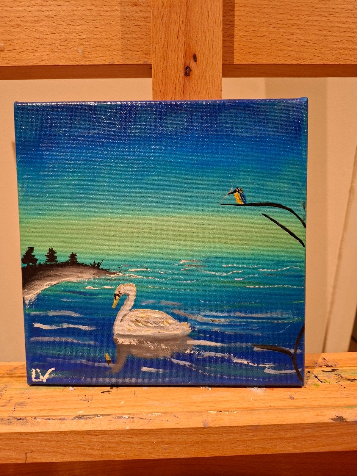 Zwaan en ijsvogel aan het water - Olieverf op canvas, Ophalen of Verzenden