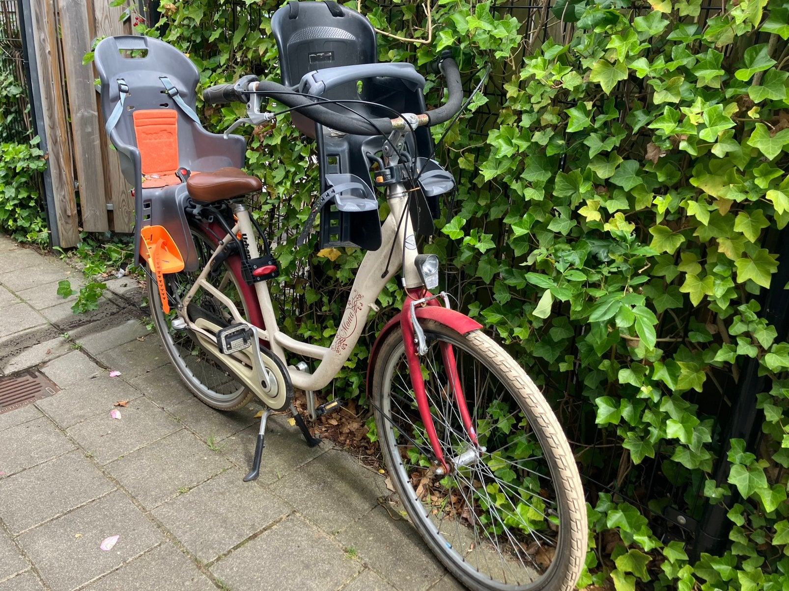 Moederfiets incl voor en achterzitje, Fietsen en Brommers, 2 zitjes, Schijfrem, Ophalen, Overige merken