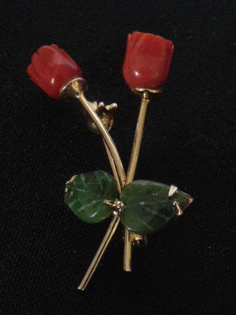 vintage SWOBODA Broche ~ KORAAL roosjes JADE blad ~ Verguld, Antiek en Kunst, Curiosa en Brocante, Ophalen of Verzenden