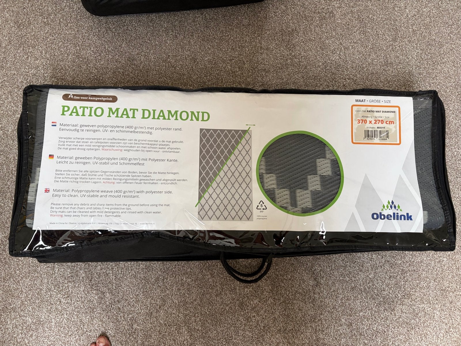 Obelink Patio Mat Diamond 370 x 270 cm tenttapijt, Ophalen, Zo goed als nieuw