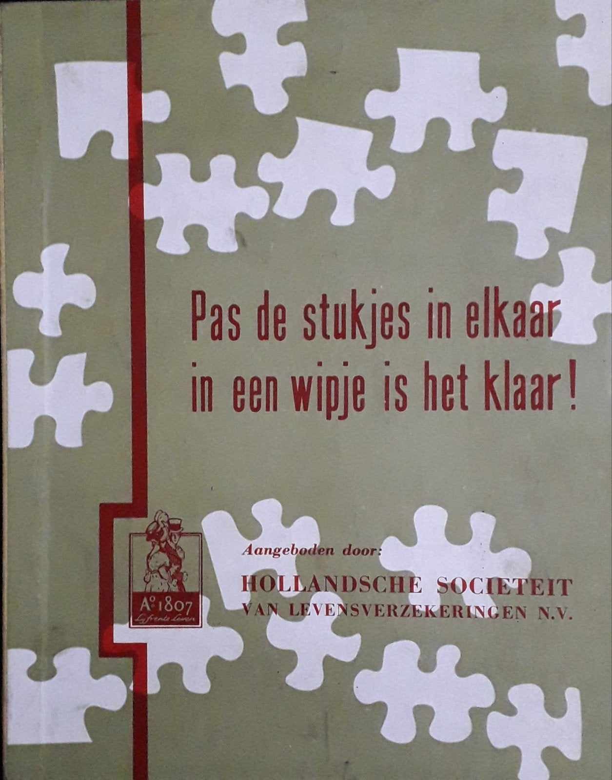 Houten puzzel van de Hollandsche Sociëteit v.Levensverzeker, Ophalen of Verzenden, Minder dan 500 stukjes