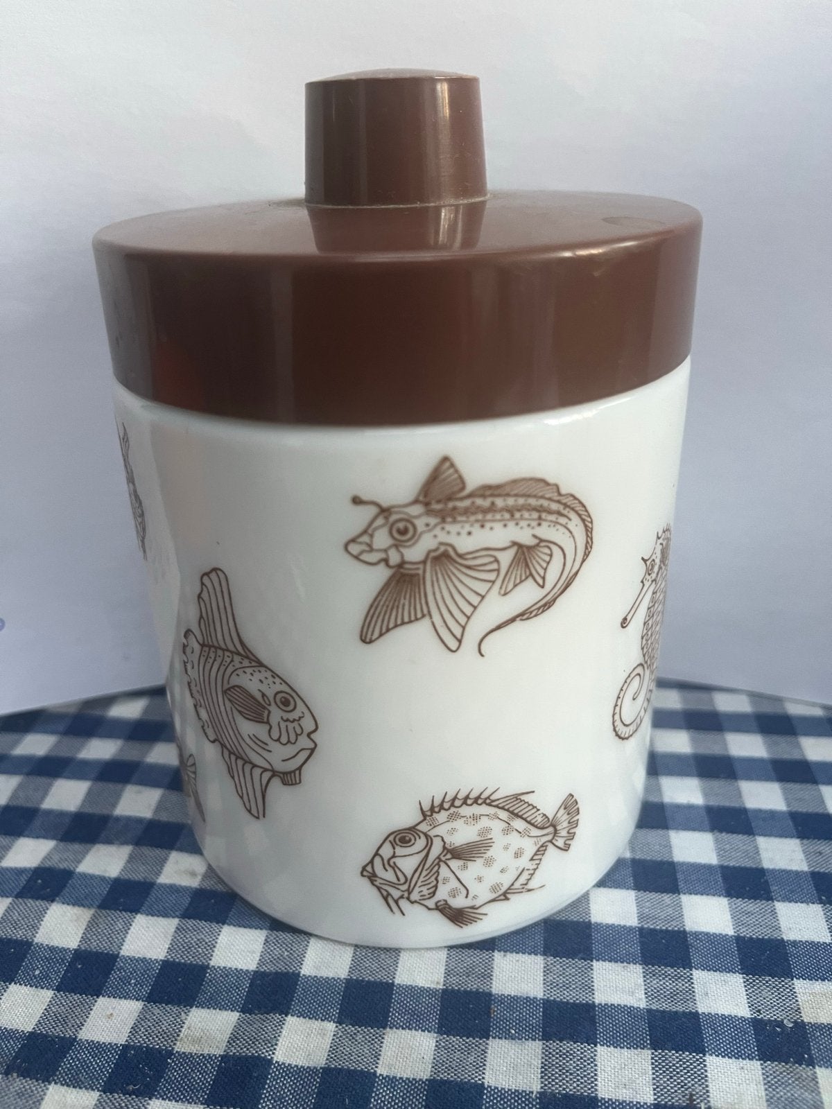 Vintage Opaline Pot met Zeevissen Decor - Bruine Deksel, Ophalen of Verzenden