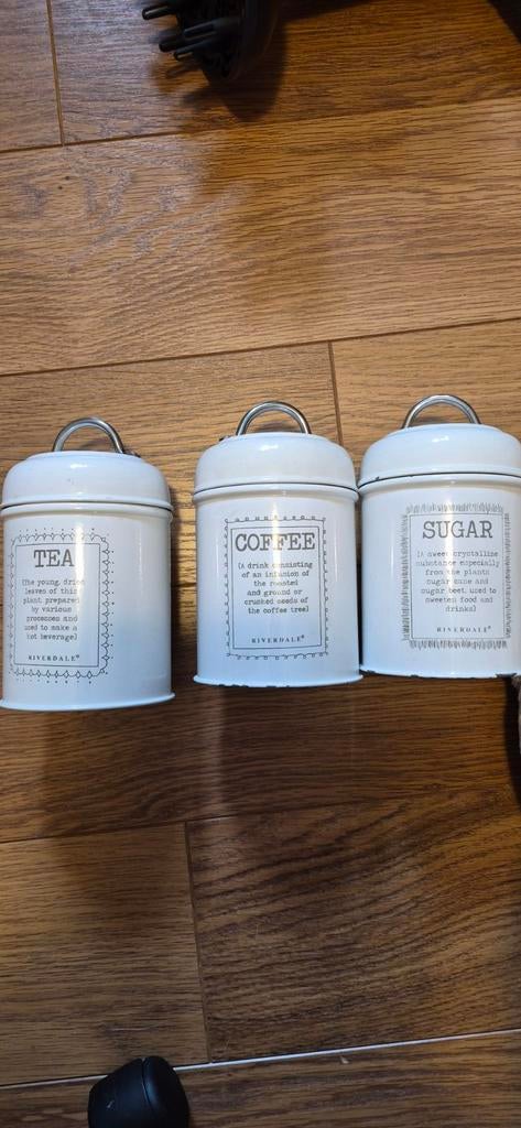 Riverdale Suiker, Koffie en Thee Blikken Set, Ophalen of Verzenden, Zo goed als nieuw, Voorraadpot, Metaal