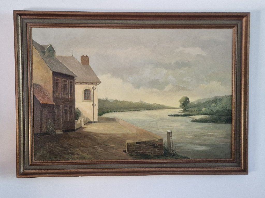 Sfeervol schilderij Eijsden aan de Maas - C.J. Abbenes 1981, Ophalen, Doek, Gedateerd, Olieverf