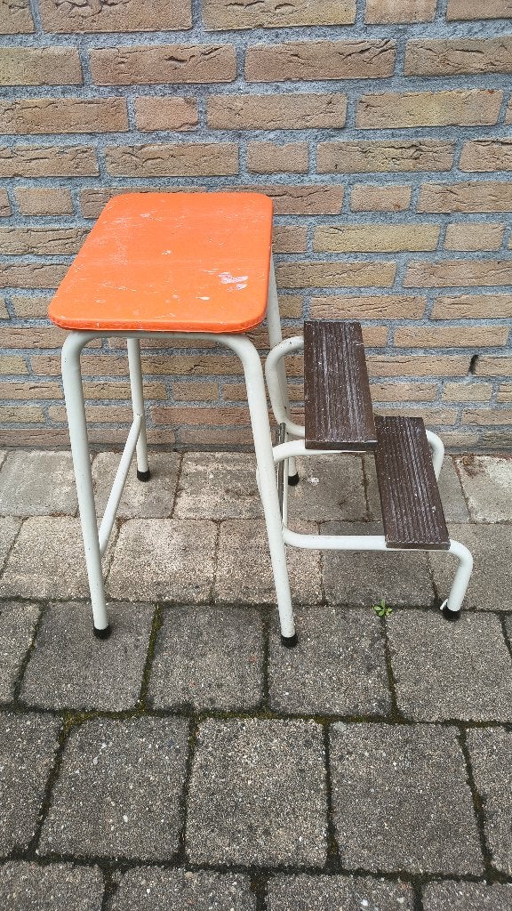 Vintage Keukentrapje - Oranje met Bruine Treden, Ophalen, Gebruikt, Staal, Onbekend
