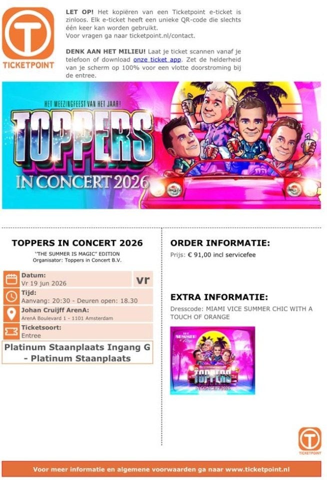 2x Platinum staanplaats kaartjes Toppers 19-6-2026 te koop, Tickets en Kaartjes, Twee personen