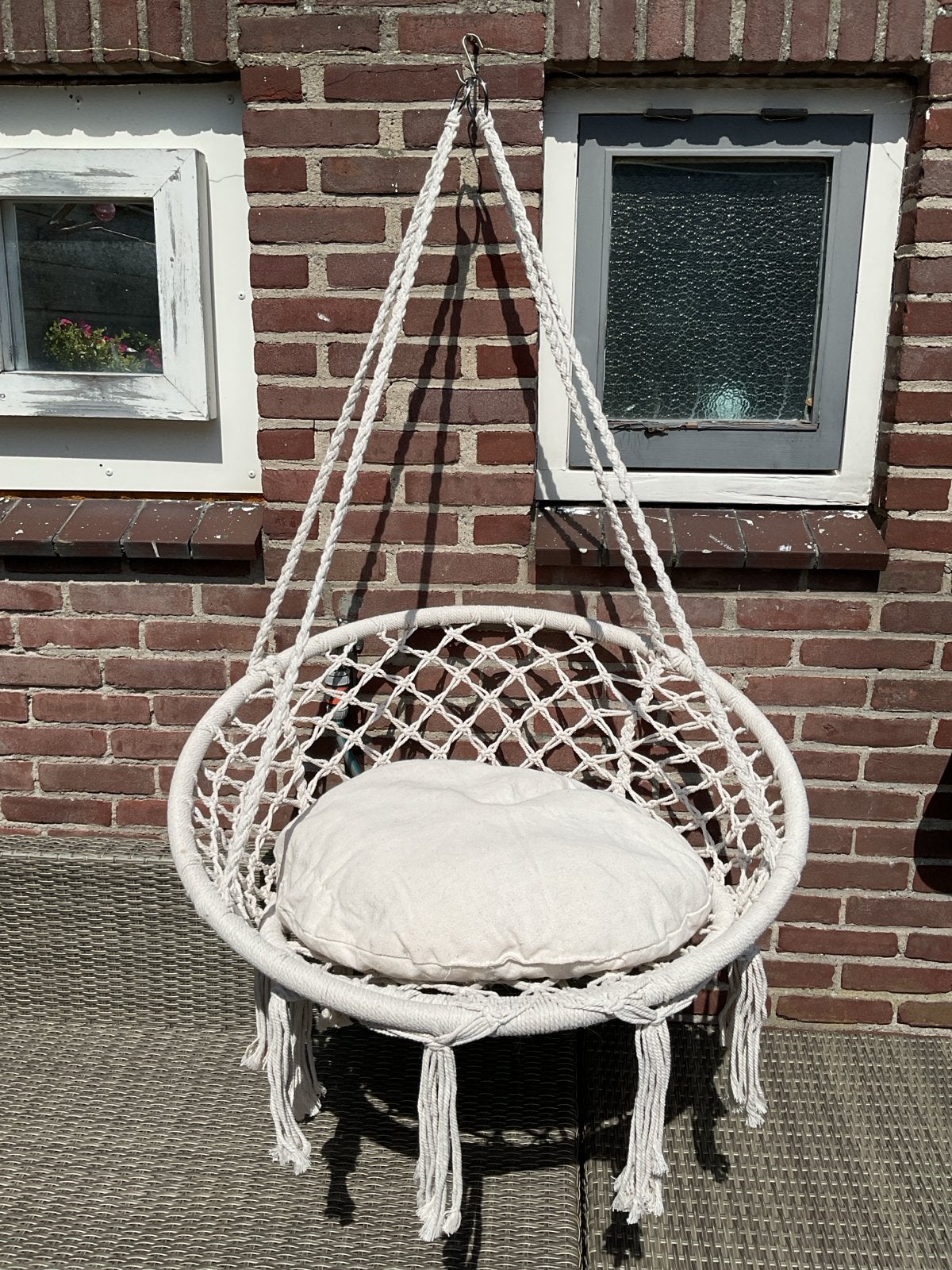 Nieuwe stevige macramé hangstoel met kussen, Ophalen, Nieuw