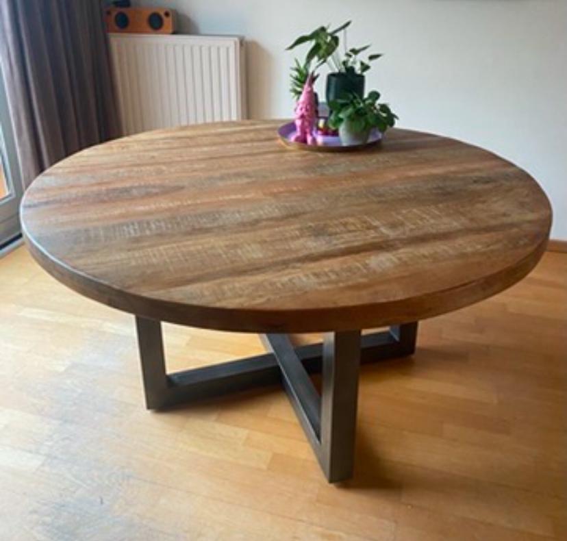 ronde eettafel met een blad van massief mangohout 150 cm, Huis en Inrichting, Tafels | Eettafels, Ophalen, Rond, Zo goed als nieuw