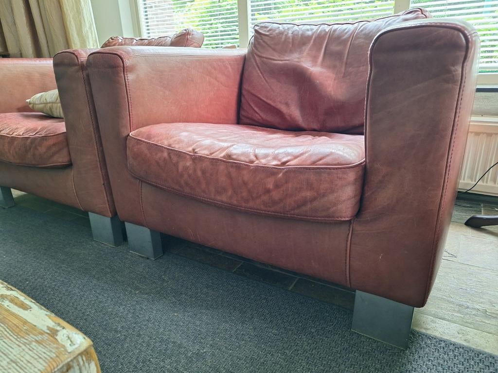 Fauteuil van dik leer 2 stuks, Huis en Inrichting, Banken | Bankstellen, Ophalen, Gebruikt, Eenpersoons, Minder dan 150 cm