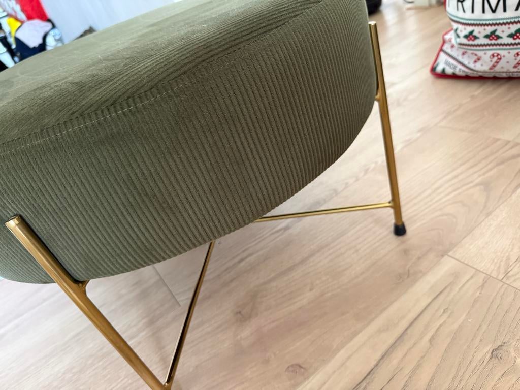 Groene suède poef met gouden poten, Ophalen, Gebruikt, Rond, Stof